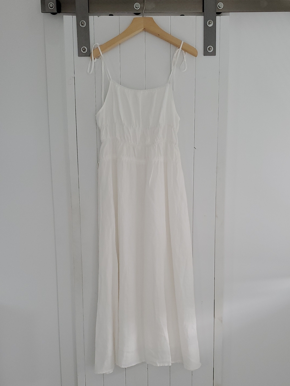 Solai The Label Linen White Tie-Strap Maxi Dress with Smocked Waist